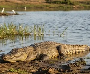 Mugger crocodile basking by water